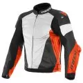DAINESE Мотокуртка кожаная SUPER RACE, Размер: 52, Цвет: White/Fluo-Red/Black-Matt