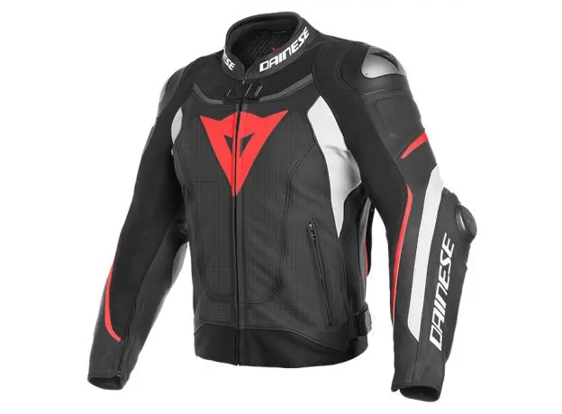 DAINESE Мотокуртка кожаная SUPER SPEED 3 PERF., Размер: 48, Цвет: Black/White/Fluo-Red