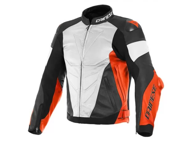 DAINESE Мотокуртка кожаная SUPER RACE, Размер: 52, Цвет: White/Fluo-Red/Black-Matt