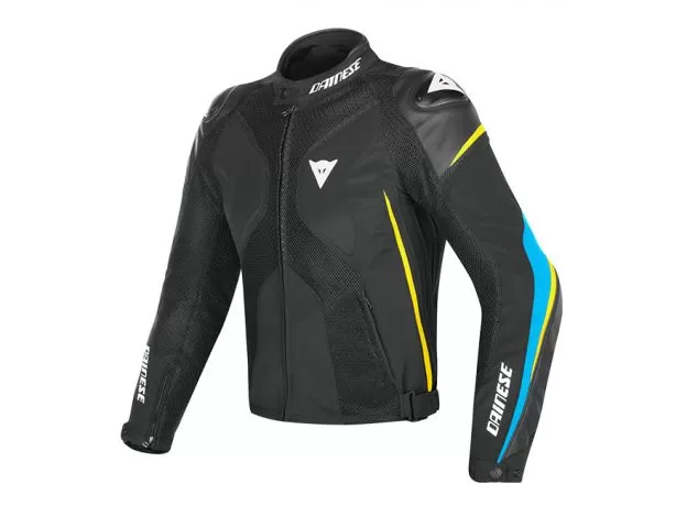 DAINESE Мотокуртка кожаная SUPER RIDER D-DRY, Размер: 54, Цвет: Black/Fire-Blue/Fluo-Yellow